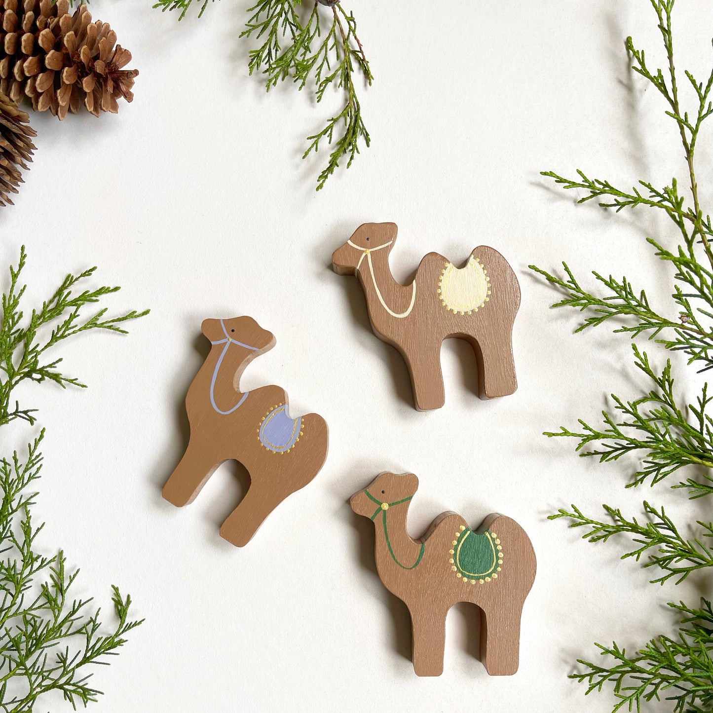 Set of 3 Wooden Camels for Nativity Scene | Handcrafted & Hand-Painted Christmas Figures