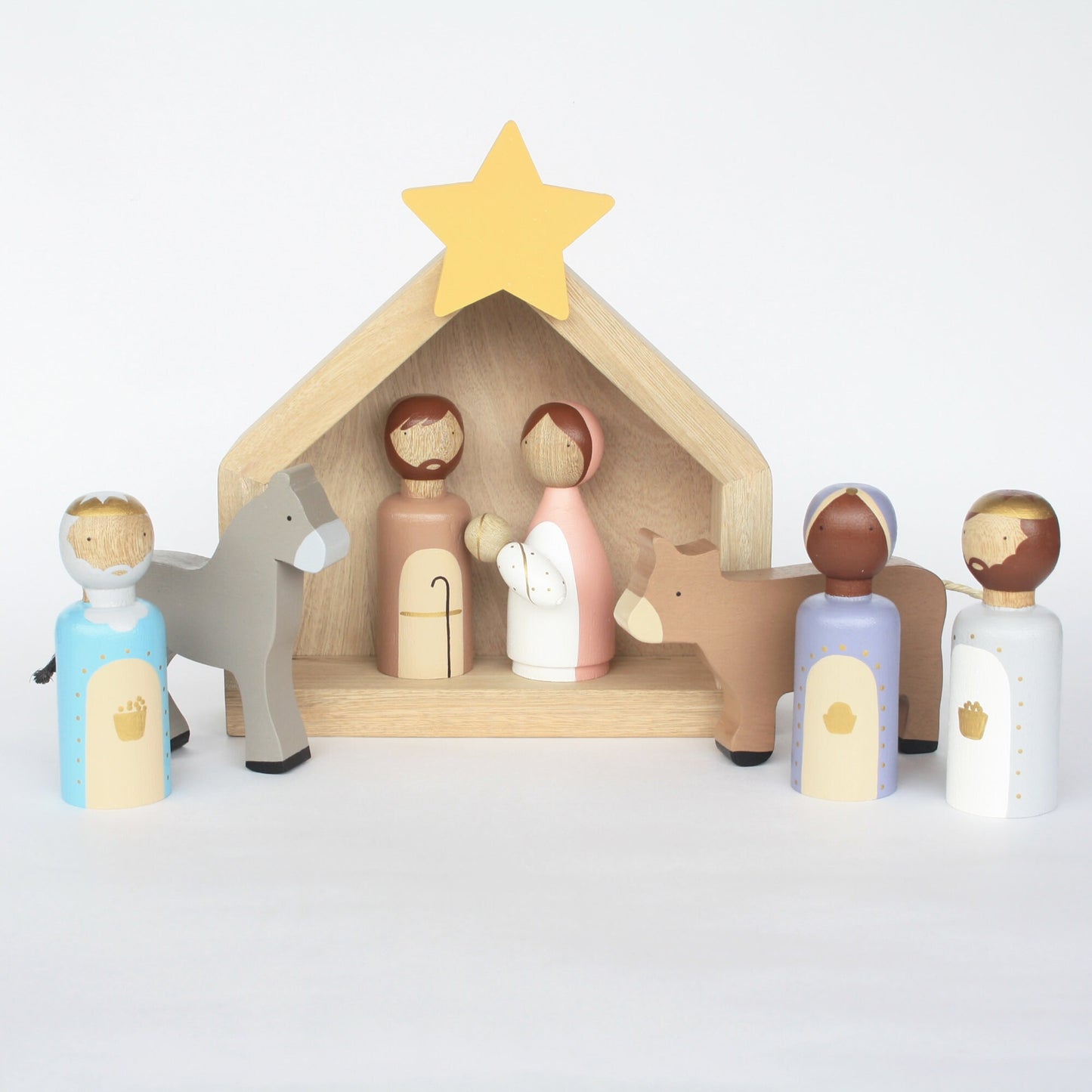 10 Figures - Kids wooden nativity scene, Christmas decorations