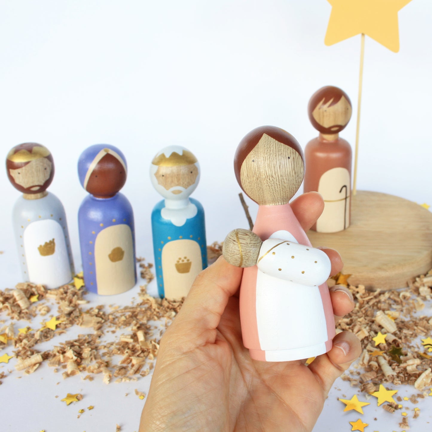 10 Figures - Kids wooden nativity scene, Christmas decorations