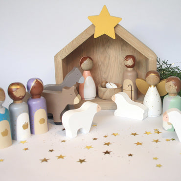 16 Figures - Kids wooden nativity set, Christmas decorations