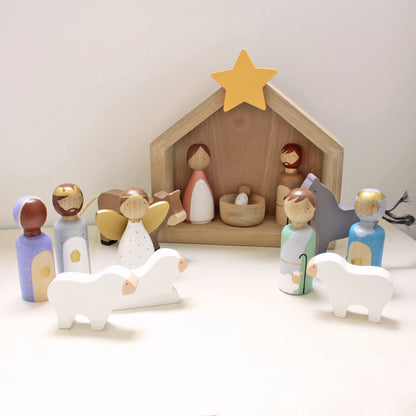 16 Figures - Kids wooden nativity set, Christmas decorations