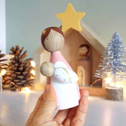 5 Figures - Wooden Kids Nativity Set - Peg Doll Christmas Story
