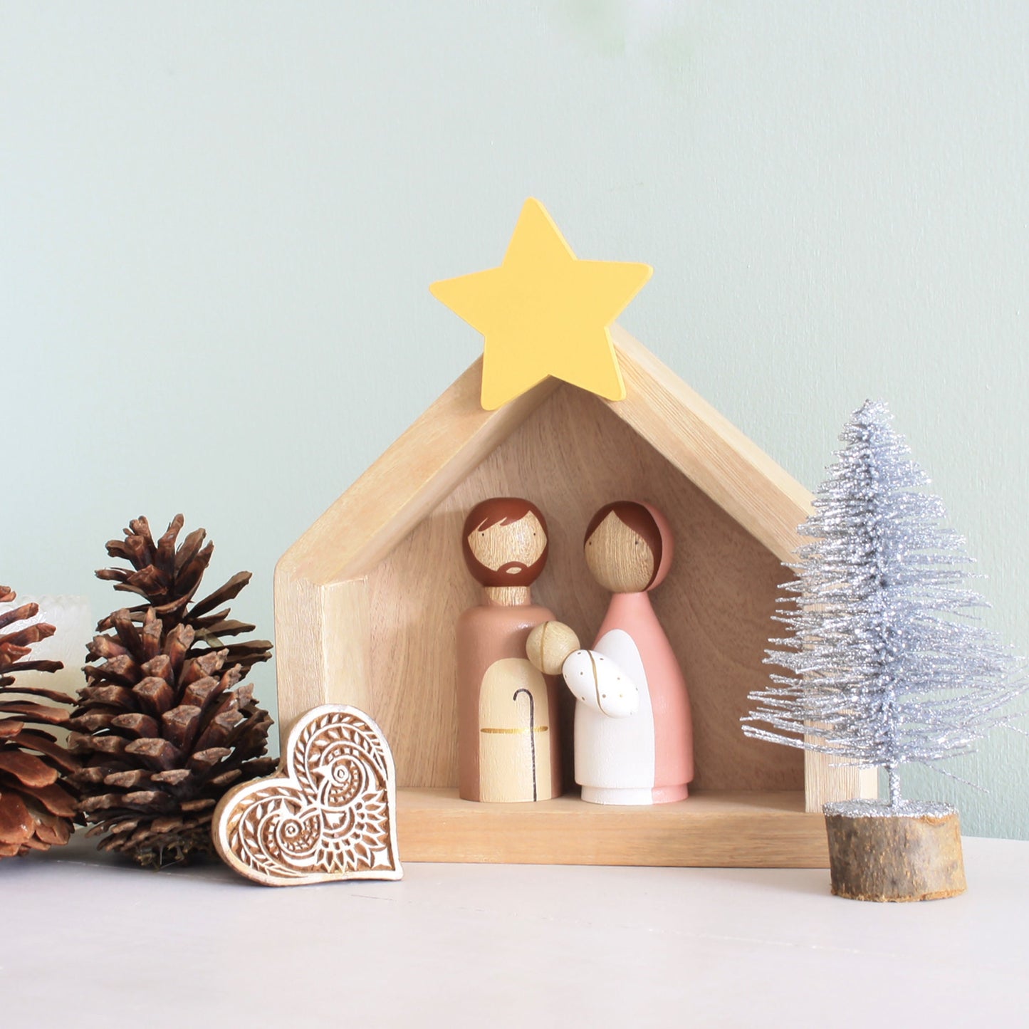 5 Figures - Wooden Kids Nativity Set - Peg Doll Christmas Story