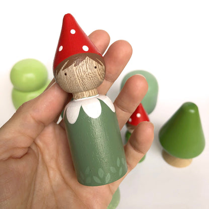 Garden gnomes peg doll set, Enchanted Forest toy for toddlers