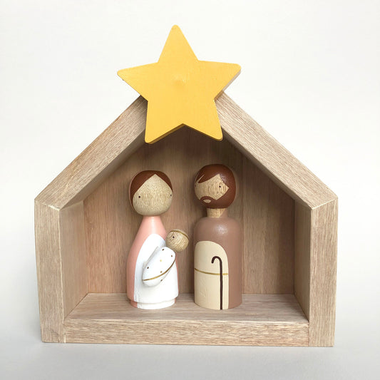 5 Figures - Wooden Kids Nativity Set - Peg Doll Christmas Story