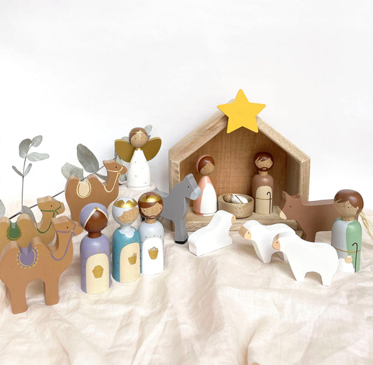 19 Figures - Kids wooden nativity set, Christmas decorations