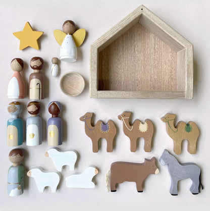 19 Figures - Kids wooden nativity set, Christmas decorations