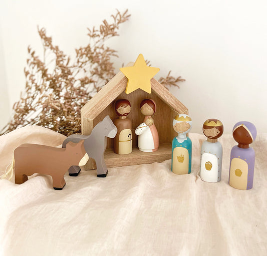 10 Figures - Kids wooden nativity scene, Christmas decorations